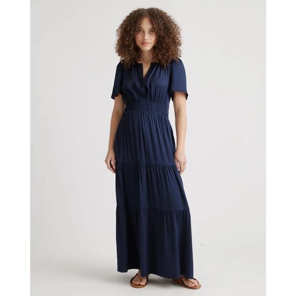 Quince Dresses & Skirts - NWOT Quince Silk Tiered Maxi Dress Sz XS Navy Blue Short Sleeve Maxi Boho 3764